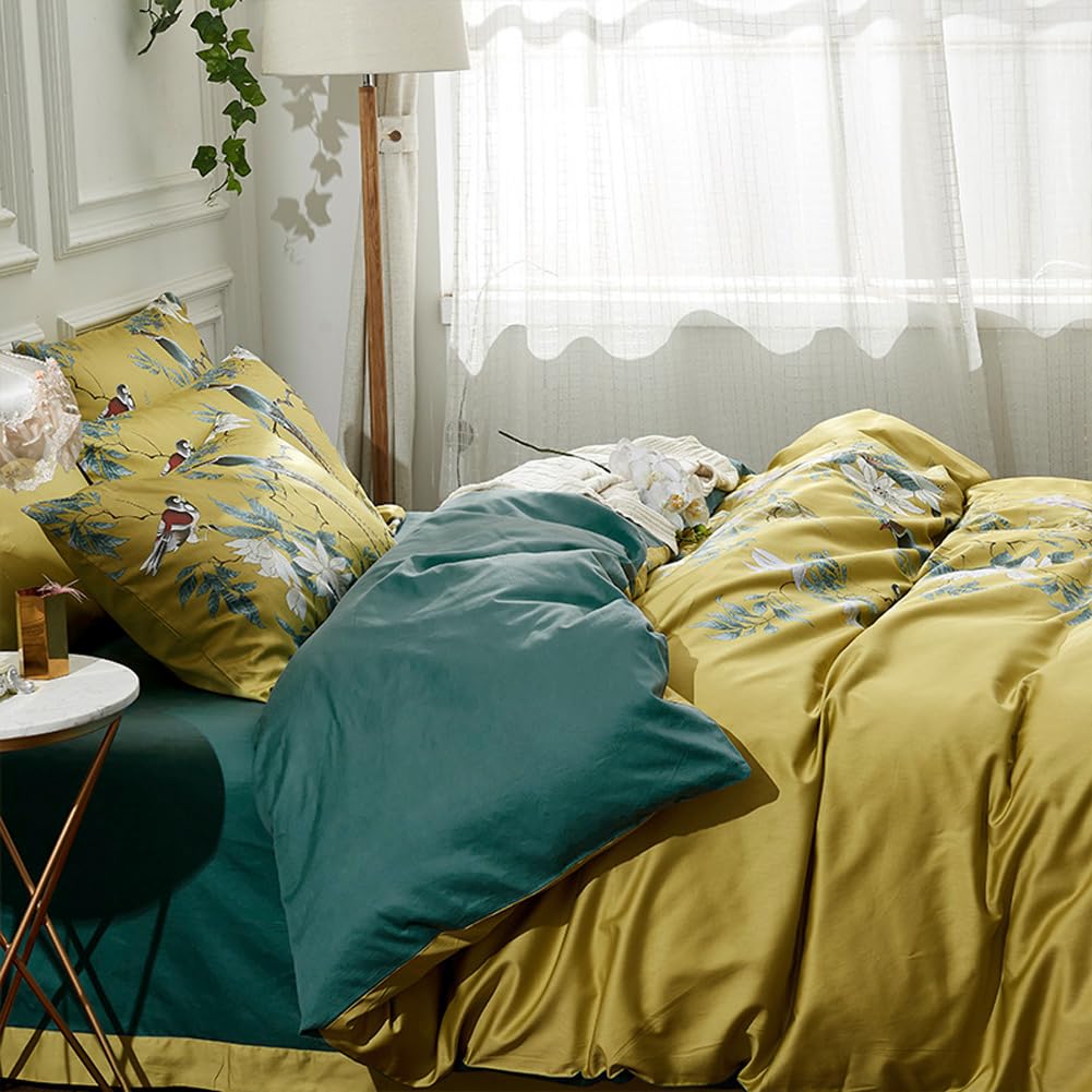 mixinni Duvet Cover Set King Size Bird Flower Pattern Soft Long Staple Cotton Floral Bedding Comforter Cover Set with Zipper Ties for Women and Men, Ultra Soft, Breathable, Easy Care-King Size