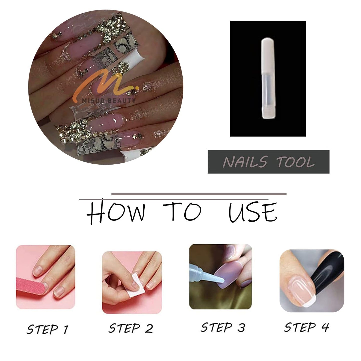 MISUD Press on Nails - Extra Long Square Glue on Nails with French Tip, Acrylic Dollar Money Rhinestone Design 24 pcs