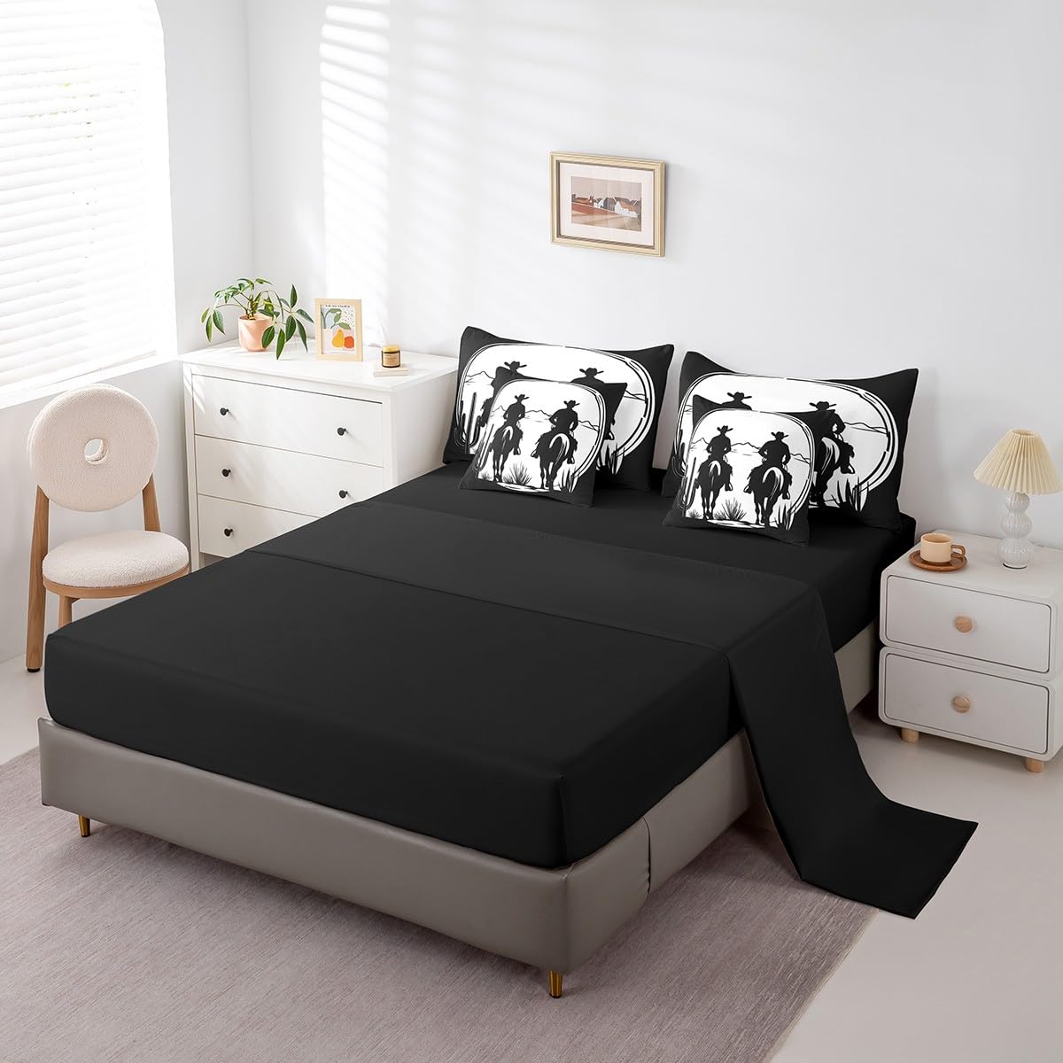 jejeloiu Western Decor Comforter Set with Sheets Twin Size Kids West Cowboy Horse 7 Pieces Bedding Set Boys Girls Teens Black White Bed in a Bag Breathable Rodeo Cowboy Cactus Bed Set Room Decor