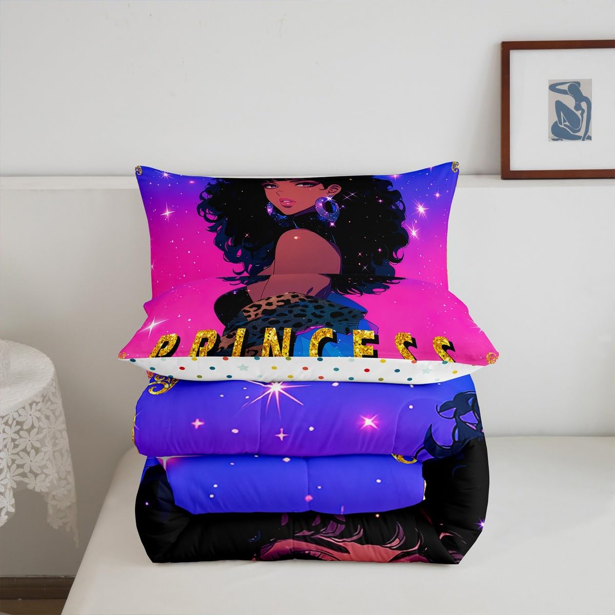 Erosebridal Black Woman Comforter Set for Girls Twin,American African Black Girls Quilt Afro Hair Girl Princess Melanin Magical Bedding Set,Leopard Print Gradient Blue Purple Galaxy Room Decor