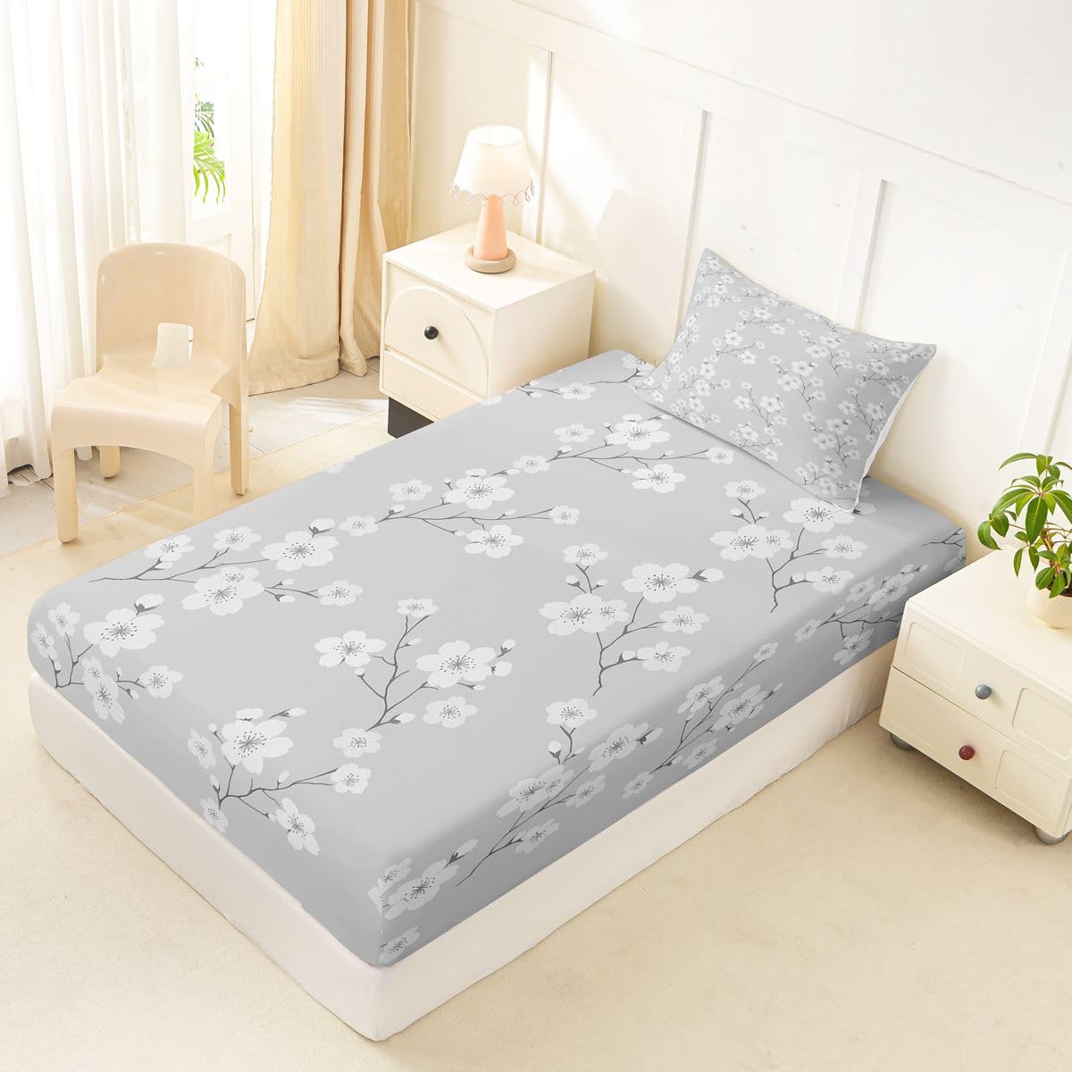 Erosebridal Plum Blossom Branch Bed Sheets Set Twin Rustic Farmhouse Cabin Sheet Set Grey White Botanical Sheets Floral Print Flat Fitted Sheet
