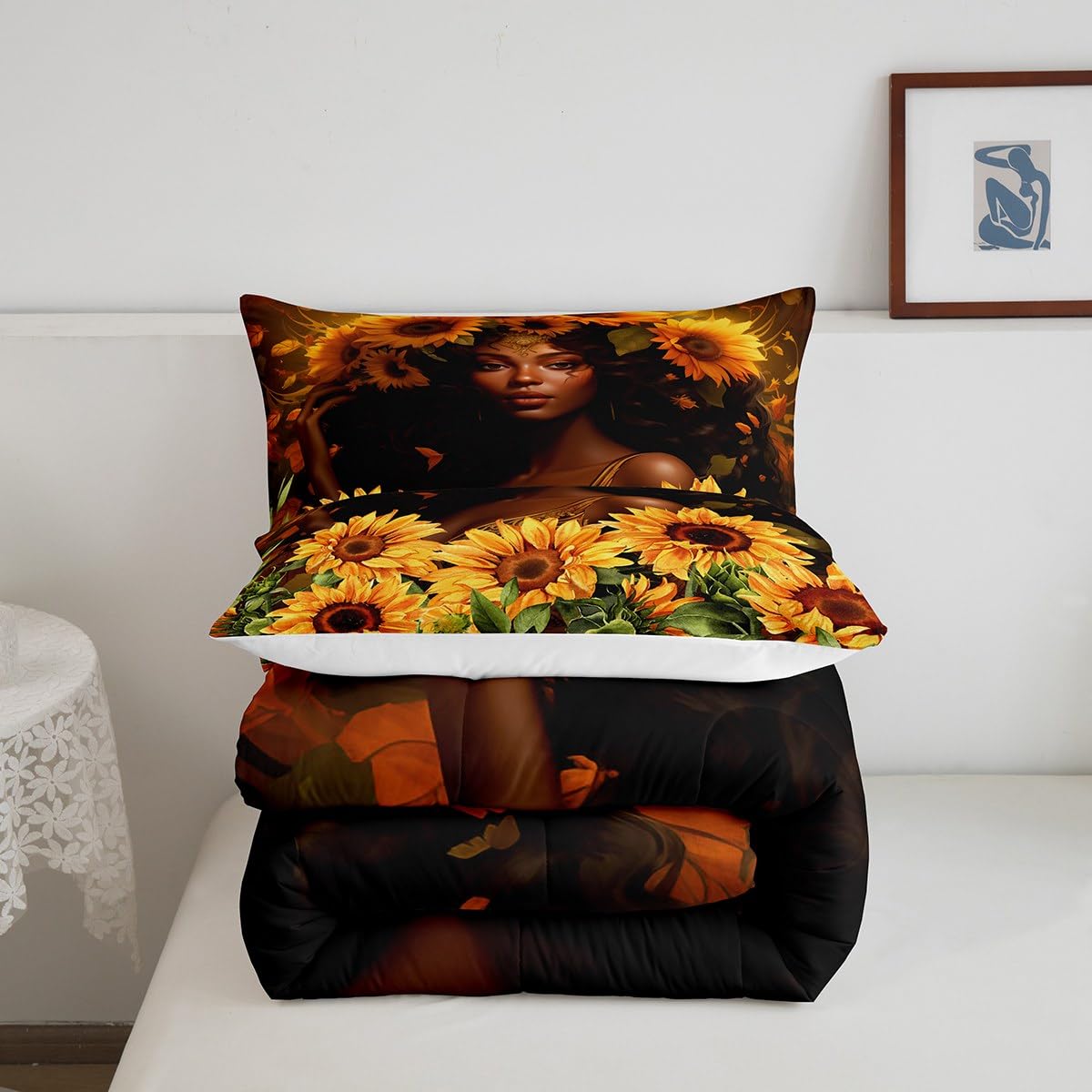 Black Girls Bedding Set Queen Size,American African Beauty Comforter Set for Kids Women Teens Adult Bedroom Decor,3D Sunflower Plants Quilt Set Nature Romantic Duvet Insert 3Pcs,2 Pillowcases