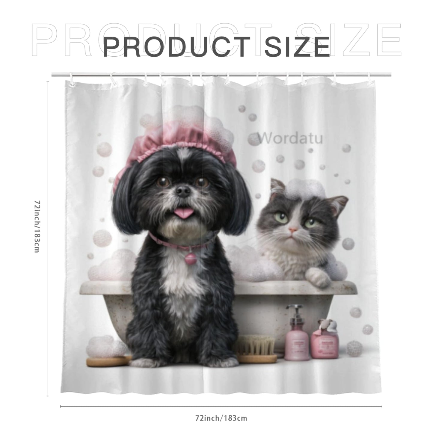Wordatu Funny Black Shih Tzu Shower Curtain Decor Fabric Bathroom Curtains, Kids Children Cartoon Waterproof 72x72 inch with 12 Hooks