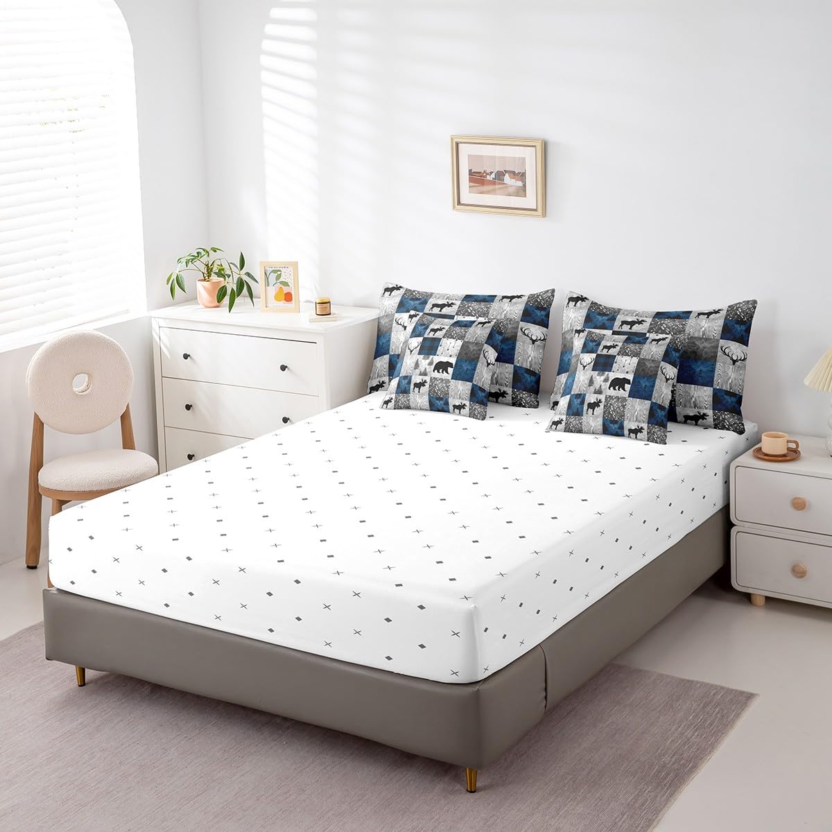 Erosebridal 7 Pcs Hunting Animal Comforter Set Twin Size,Rustic Bear Deer Bed in a Bag with Flat Fitted Sheet for Kids and Adults,Camper Plaid Check Bedding Set with Pillowcases and Cushion Cases