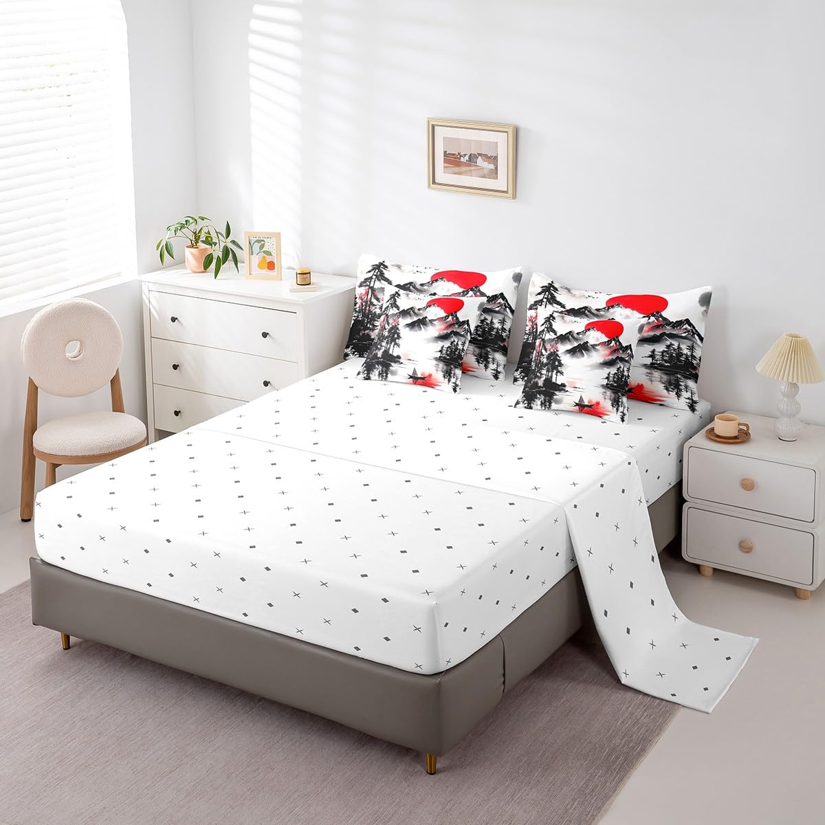 Erosebridal Oriental Style Queen Comforter Set 7 Piece,Rustic Mountain Themed Bedding Set with Sheets,Red and Black Aesthetic Bed Set Nature Scene Bed in a Bag with Fitted+Flat Sheet,Pillowcases