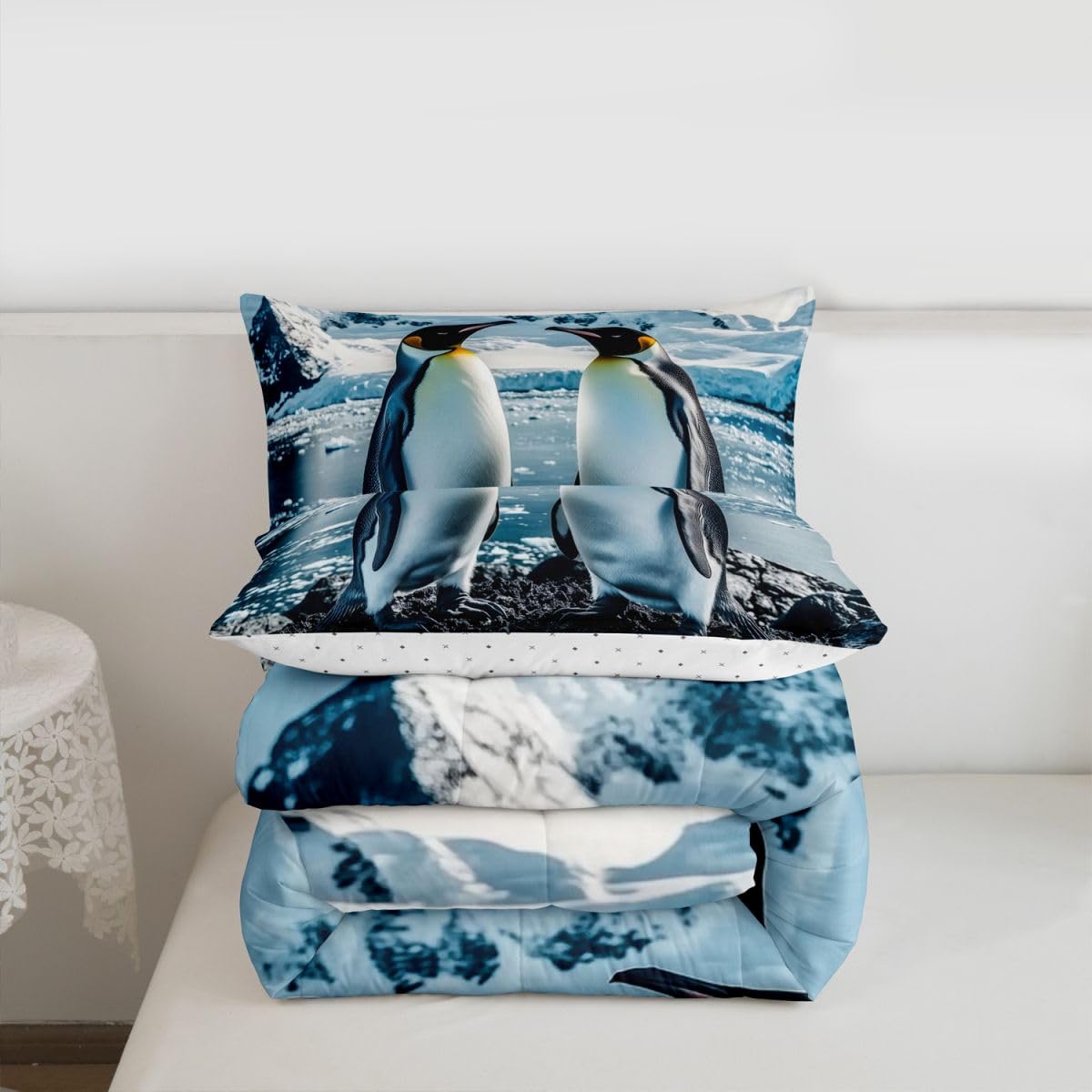 Erosebridal Penguin Bedding Set Queen Black White Penguins Comforter Set for Kids Boys Girls Cute Antarctica Animal Theme Down Comforter,Glacier Snow Quilt Duvet