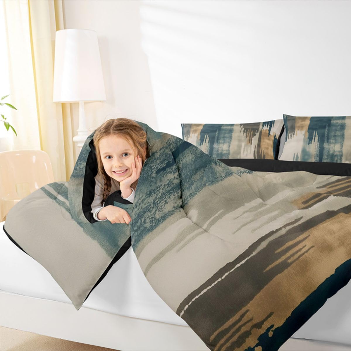 jejeloiu Blue Brown Abstract Kids Comforter Set Queen Size Modern Art Bedding Set Splash Ink Abstract Duvet Quilt for Kids Boys Girls Bedroom Luxury Decor Microfiber Ultra Soft Breathable