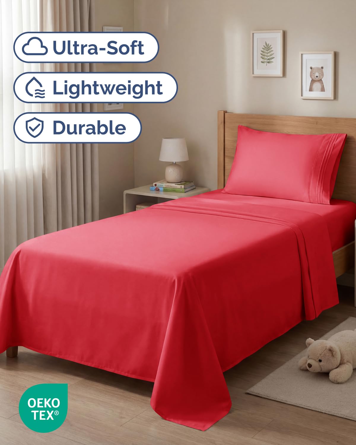 Twin Size 3 Piece Sheet Set - Comfy Breathable & Cooling Sheets - Hotel Luxury Bed Sheets for Women & Men - Deep Pockets, Easy-Fit, Extra Soft & Wrinkle Free Sheets - Red Oeko-Tex Bed Sheet Set