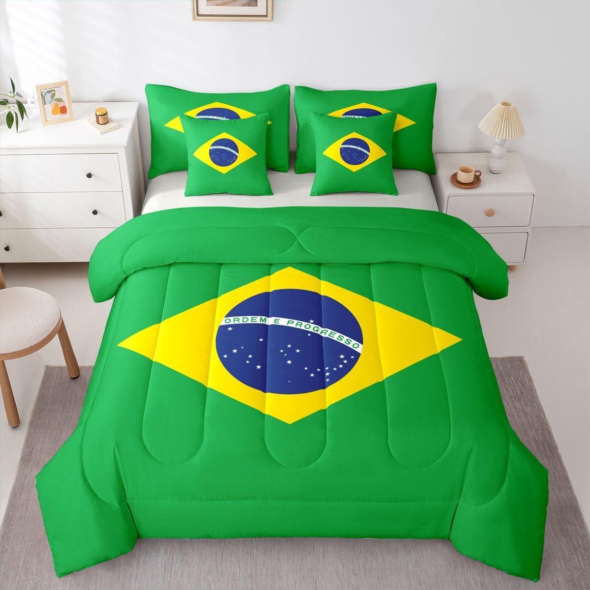Feelyou Brazil Comforter Set King Size 7 Pieces Brazilian Flag Bedding Set for Kids Boys Girls World Countries Bed in a Bag with Sheets Bedroom Decor All Season Quilted Breathable Soft Lightweight