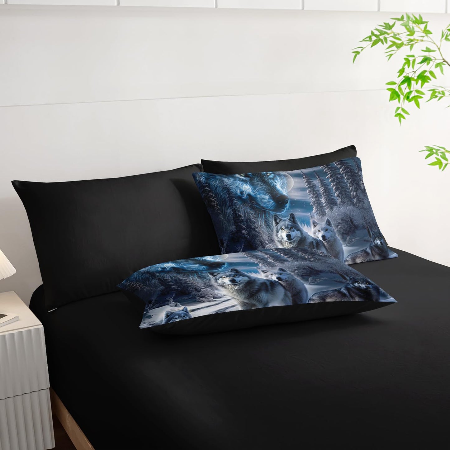 AILONEN Boys Snow Wolf Comforter Set Full 7-Piece Bed in a Bag - Printed Bedding Set for Kids Adults, Safari Animal Comforter, Fitted Sheet, Flat Sheet, 2 Pillowcases, 2 Pillow Shams - Black