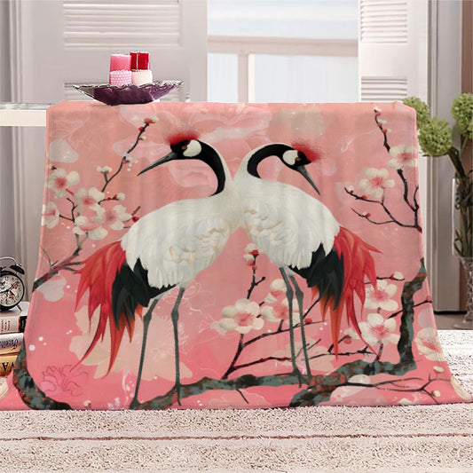 PAOABIU Japanese Cranes Blanket Throw, Vintage Pink Throw Blanket for Couch, Flower Art Breathable Warm Bed Throw, Plum Blossom Lightweight Fleece Blanket Kids 30"x 40" Camping & Travel Blanket