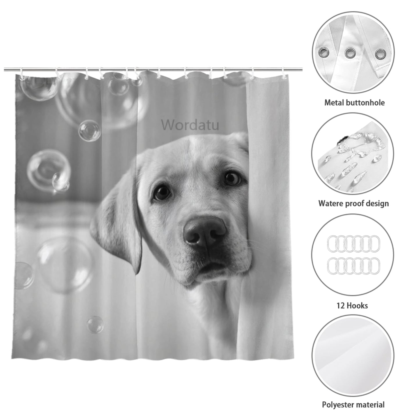 Wordatu Funny Labrador Retriever Bathroom Shower Curtain 72x72 Inch Animal Pets Puppy Kids Cute Black White Interesting Polyester 12 Hooks Waterproof Decor