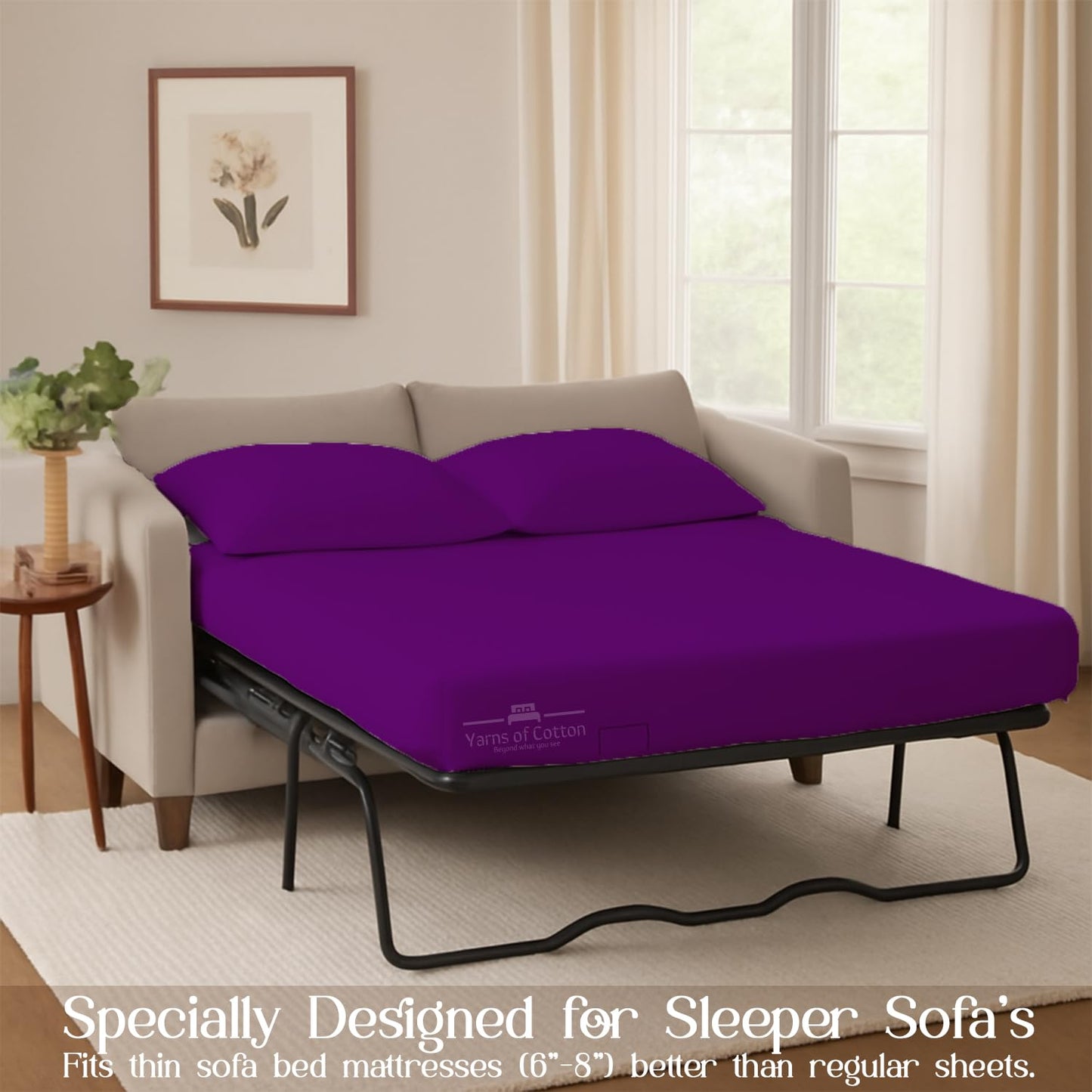 Sleeper Sofa Bed Sheet, 100% Cotton 400 Thread Count, 4 Piece Set, Deep Pocket Fitted Sheet, Soft Wrinkle Free & Breathable, Luxury Hotel Quality, Fits Up to 6 Inch Mattress (Full, Purple)