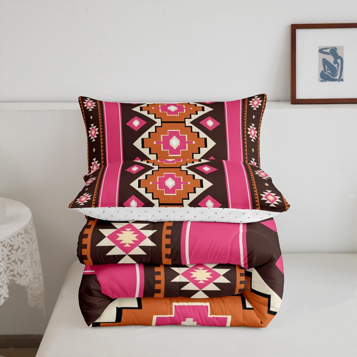 Feelyou Boho Aztec Comforter Set Twin Size West Bedding Set for Kids Boys Girls Pink Brown Duvet Quilt Western Bedroom Decor Microfiber 2 Pcs with 1 Pillow Cases