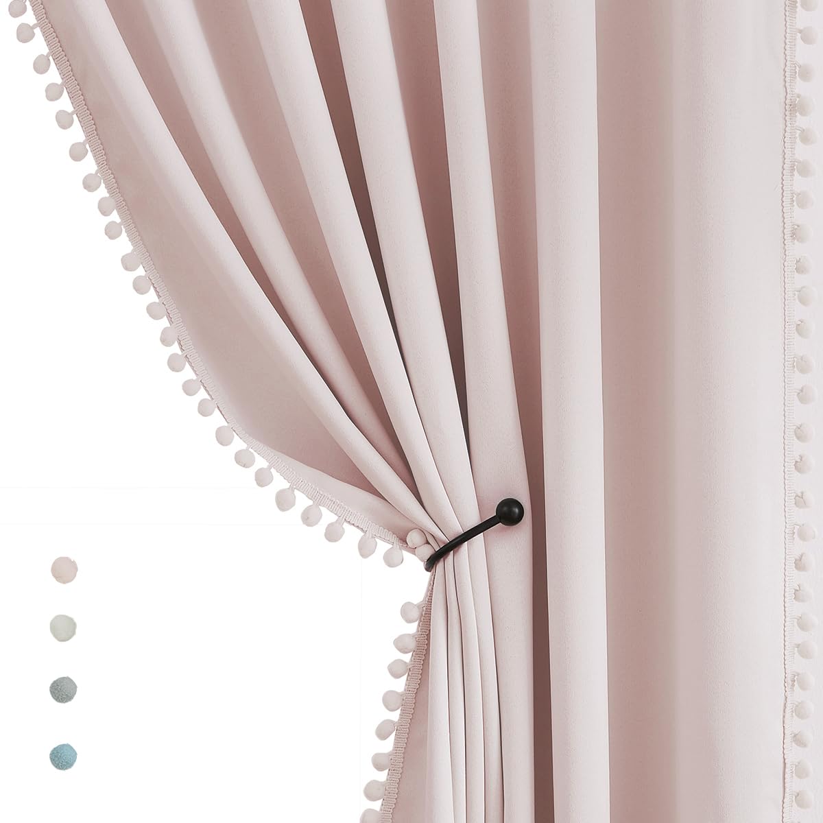 Treatmentex Pompom Blackout Curtains for Bedroom Pink Girls 84 inch Energy Efficient Thermal Insulated Living Room Darkening Curtain Panels for Kitchen Nursery Room 52" w x2 Panels Rod Pocket