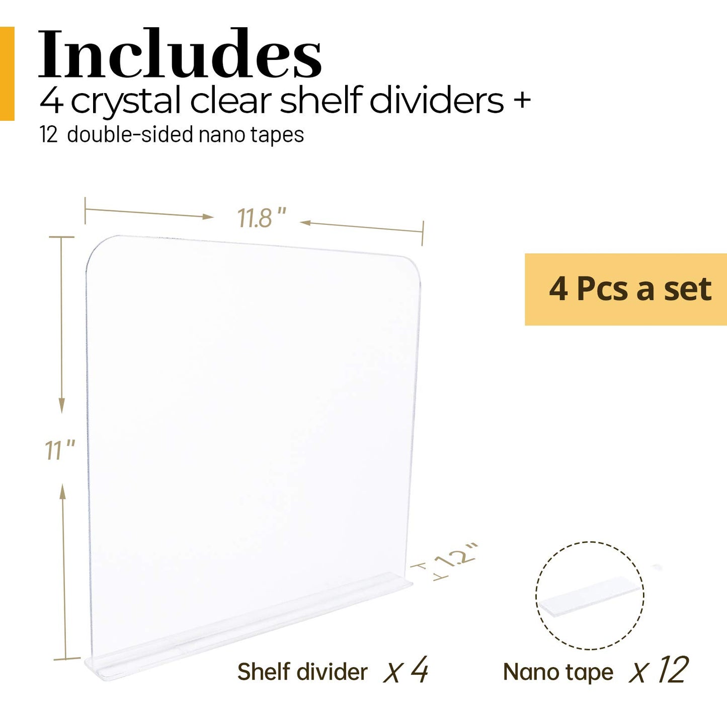 ROUFA 4Pcs Clear Acrylic Shelf Dividers, Adjustable Closet Organizer Fit for Any Thickness of Shelves, Multi-Purpose Wood Shelf Separators for Bedroom, Kitchen, Office, Bathroom, 11.8''x11''