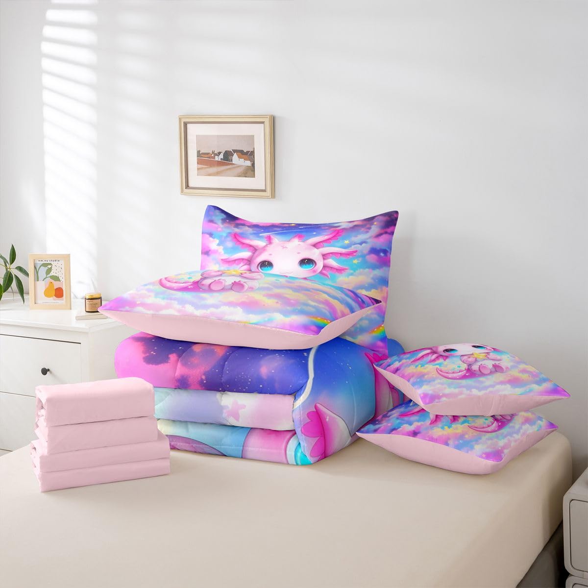 Erosebridal Kids Rainbow Axolotl Queen Bedding Set Girls Cute Axolotl Comforter Set with Flat and Fitted Sheet Rainbow Dreamy Stars Clouds 7-Piece Bed in a Bag Colorful Space Sky Quilt Sets