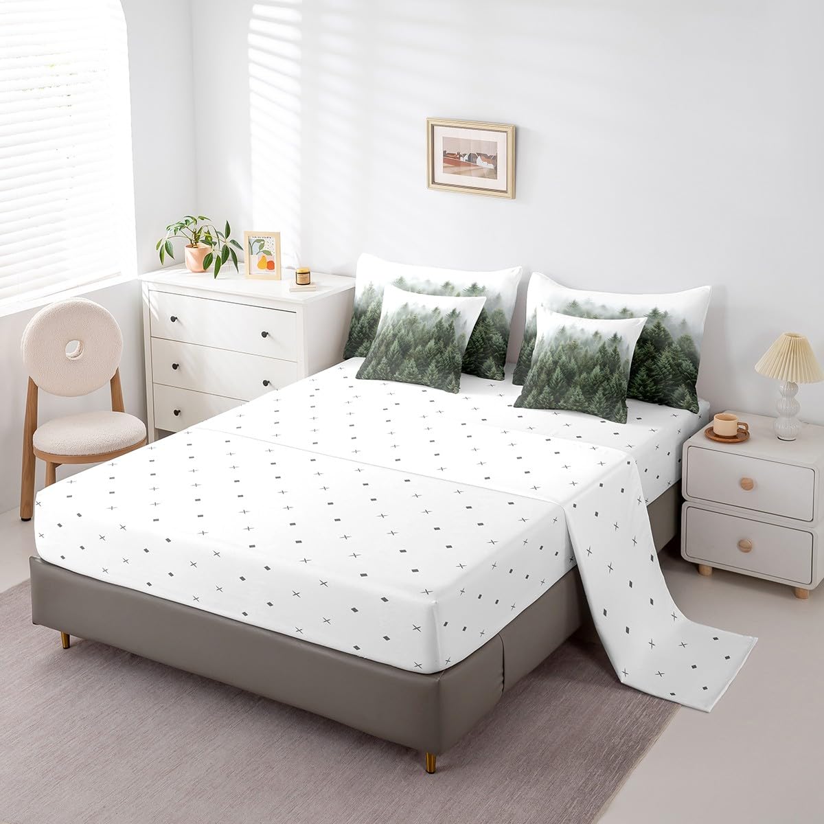 Erosebridal Natural Pineforset Bedding Sets 7 Piece Twin Smoky Mountain Comforter Set Fantasy Fog Magic Tree Bed in A Bag Nature Scenery Theme Quilt with Flat Fitted Sheet for Kids Adults