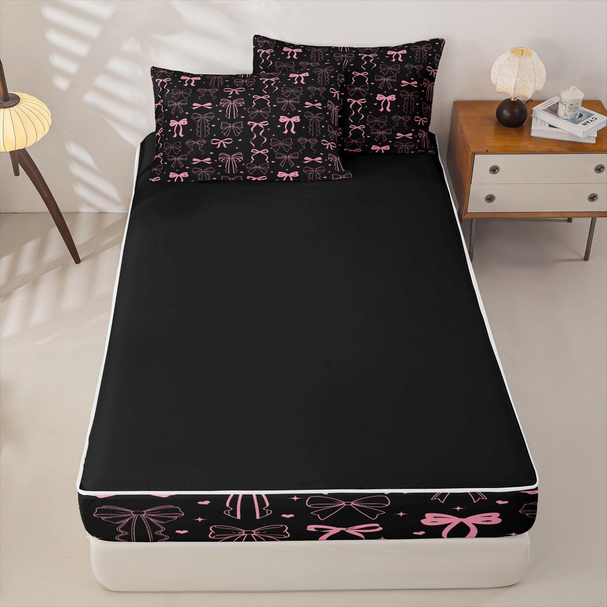 Feelyou Bow Zipper Bedding Full Bowknot Zipper Bedding Sets for Kids Boys Girls Black Pink Bow Comforter Set with Fitted Sheet and 2 Pillowcases Kawaii Bedroom Decor Black Pink