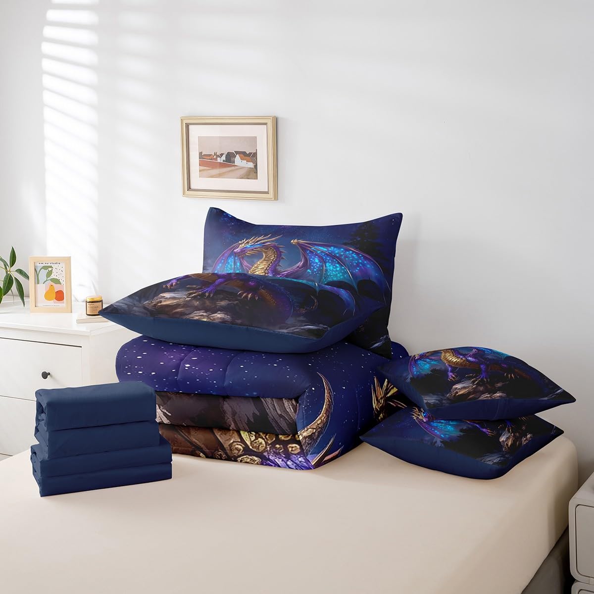 Erosebridal Western Dragon Bedding Set for Boys,Galaxy Starry Sky Twin Comforter Set 7 Piece for Kids Teen Men Magical Dragon Bed in A Bag with Sheets Fantasy Animal Sheet Set with Comforter