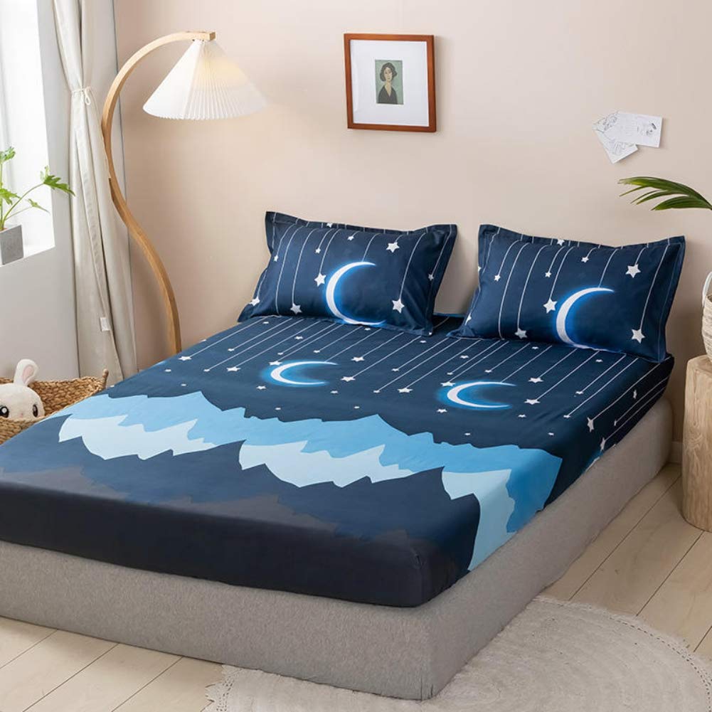 Kids Bedding Set Moon Twinkle Stars Bed Sheet Set for Boys Girls Bedroom Decor Twin Size Microfiber Soft Mountain Night Fitted Sheet Dark Blue Bed Cover with 1 Pillow Case, Flat Sheet not Included