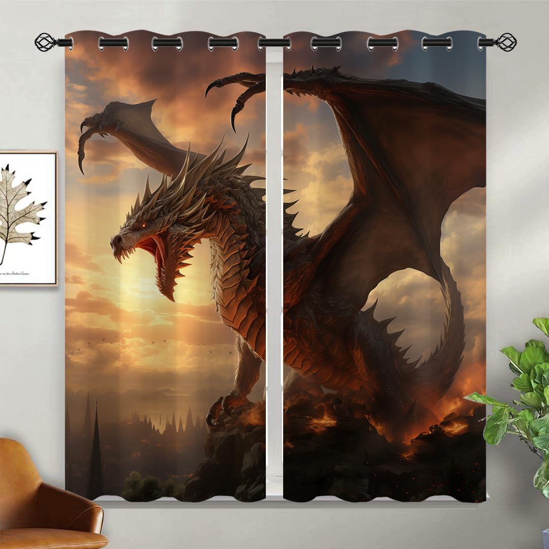 ONINUO Dragon Blackout Curtains for Girls Boy Home Decor, Fantasy Magic Animal Medieval Fire Game Grommet Thermal Insulated Drapes Darkening Window Curtain for Bedroom Living Room, 42 x 45 Inch