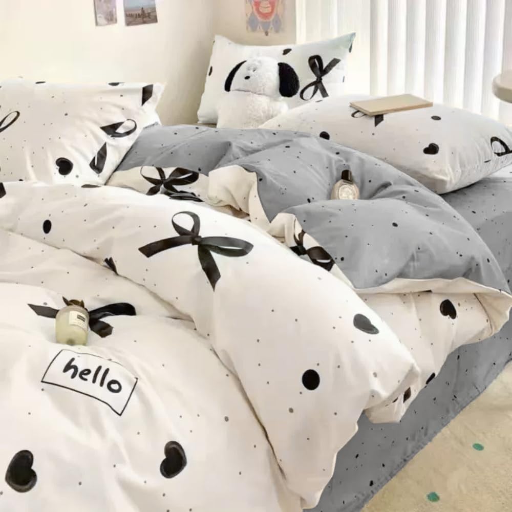 Sedefen Bow Duvet Cover Queen Size Heart Bows Printed Duvet Cover Set 3 Pcs Kids Girls Cute Love Pattern Dot Reversible Bedding Set with Zipper Ties Soft Breathable Microfiber