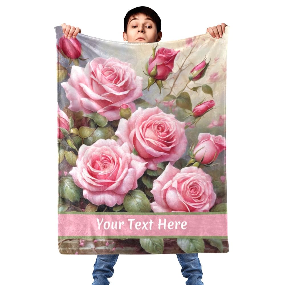 Personalized Blanket Pink Rose, Ultra Soft Micro Flannel Blanket for Bed Couch Living Room Valentine's Day, 30" x 40"