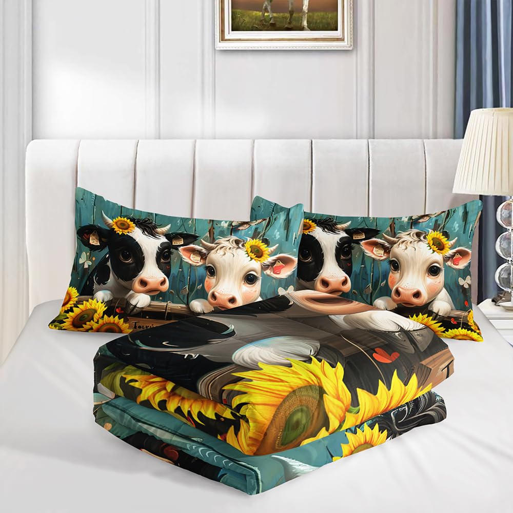 XYNHML Cute Cow Print Comforter Set Twin Size Sunflower Highland Cow Bedding Set Farm Animals Cow on Fence Quilt Bed Set with 1 Comforter and 2 Pillowcases for Kids Boys Girls Room Decor, D-cow2