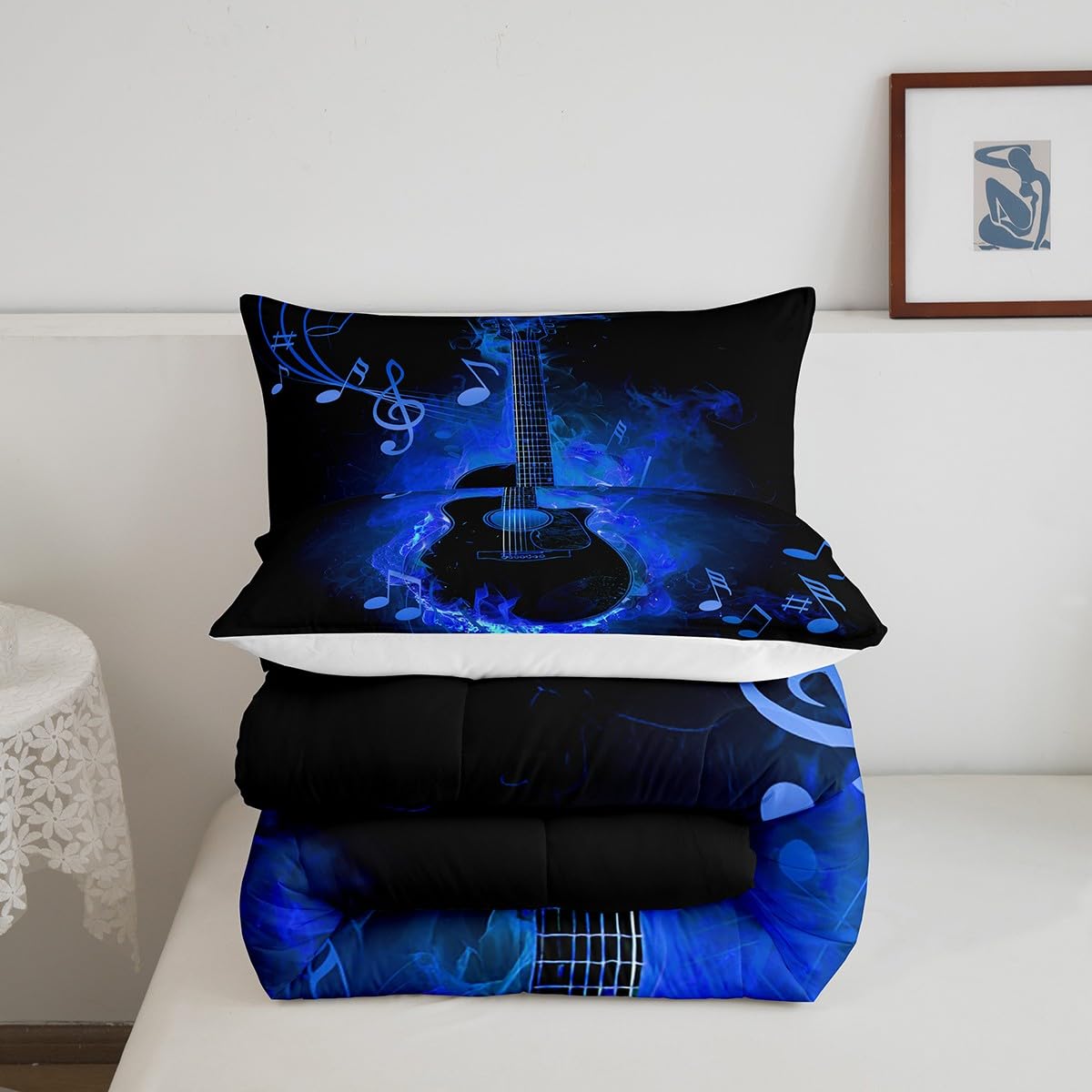 Manfei Electric Guitar Comforter Set,Rock Music Theme Guitar Musical Notes Bedding Set for Teens Adults Room,Neon Blue Glowing Modern Artistic Quilt Set,Blue Black 3 Pcs with 2 Pillowcases,Queen