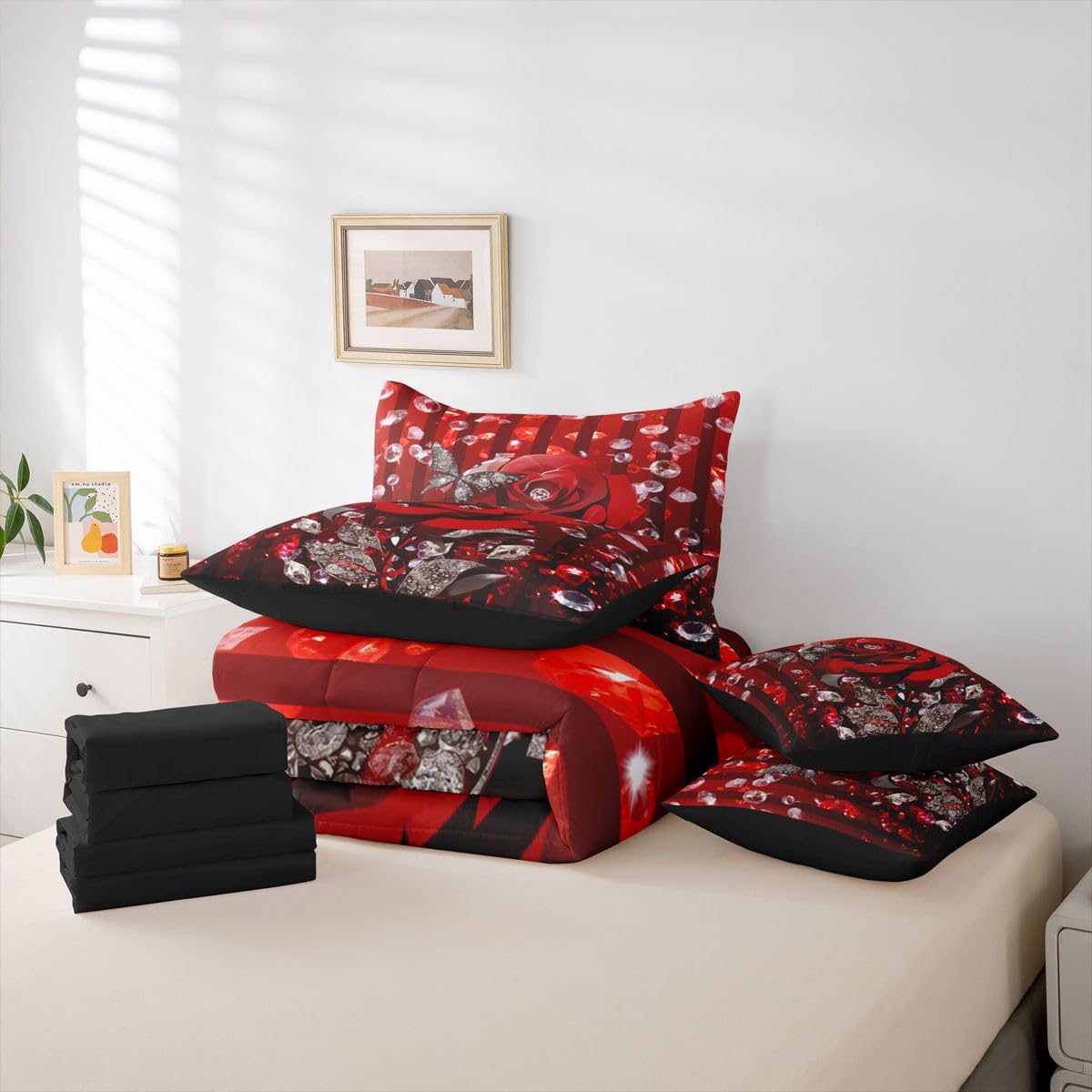 Erosebridal Red Rose Romantic Queen Comforter Set with Sheets 7 Piece Valentine Day Gift Bed in A Bag Rose Floral Flower Bedding Sets for Women Men Adults,Glitter Diamond Butterflies Bed Set