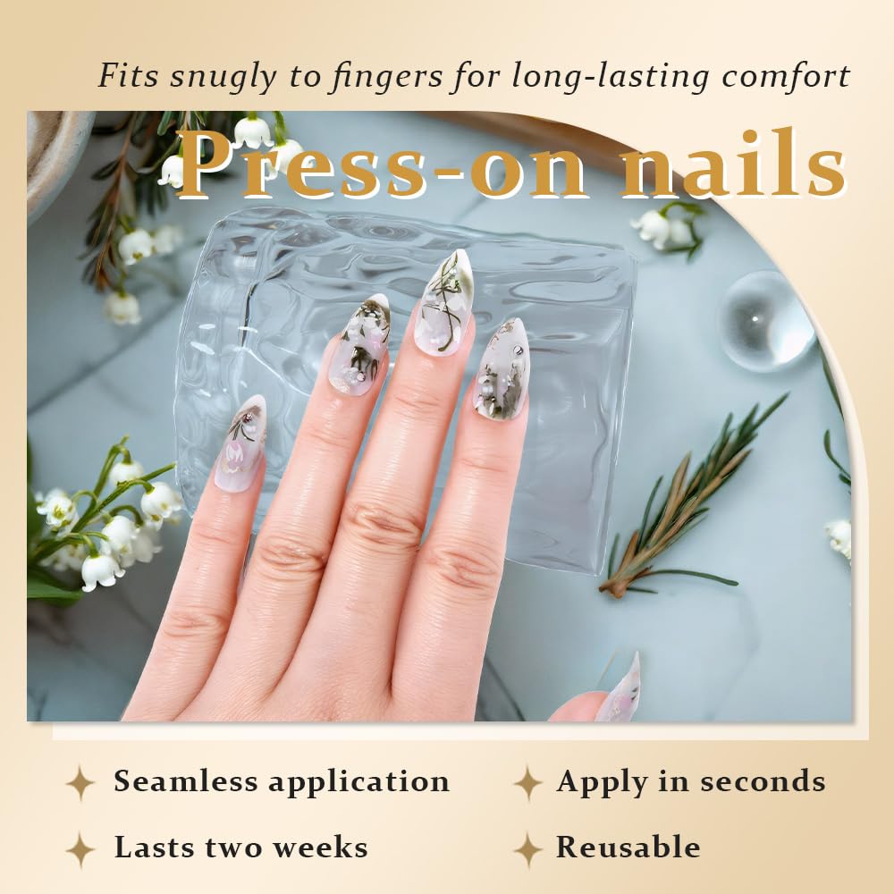 evpct 3D Light Green Handmade Press On Nails Almond Medium, 3D Water Plants Design Fake Nails Rusable for Spring & Summer Daily Wear, False Acrylic Nail with Kits Press ons Nail for Women Gift, 24Pcs