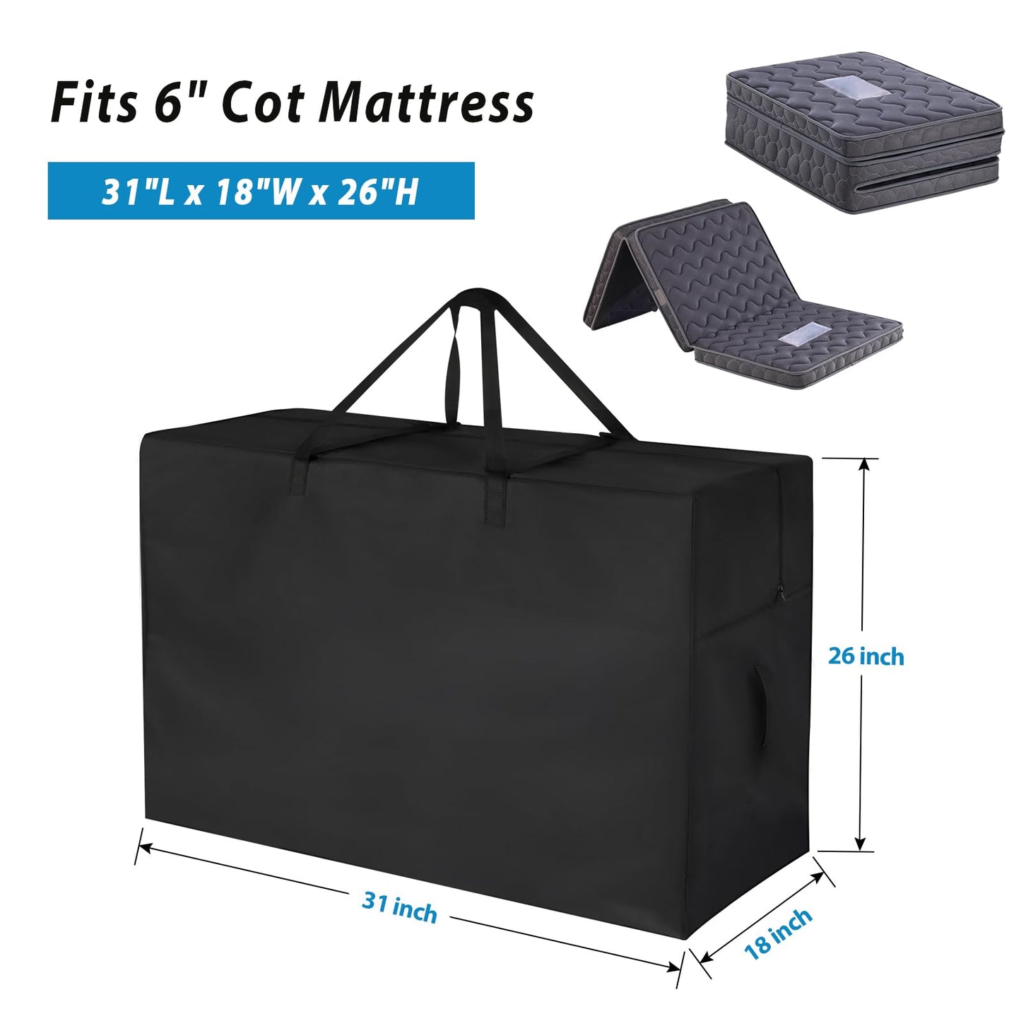 Jungda Tri Folding Mattress Storage Bag Cot, Foldable Memory Foam Mattress Case, Carry Case for Tri-Fold Guest Bed Mattresses Fits 6 Inch Cot (Mattresses NOT Included)-31"L x 18"W x 26"H