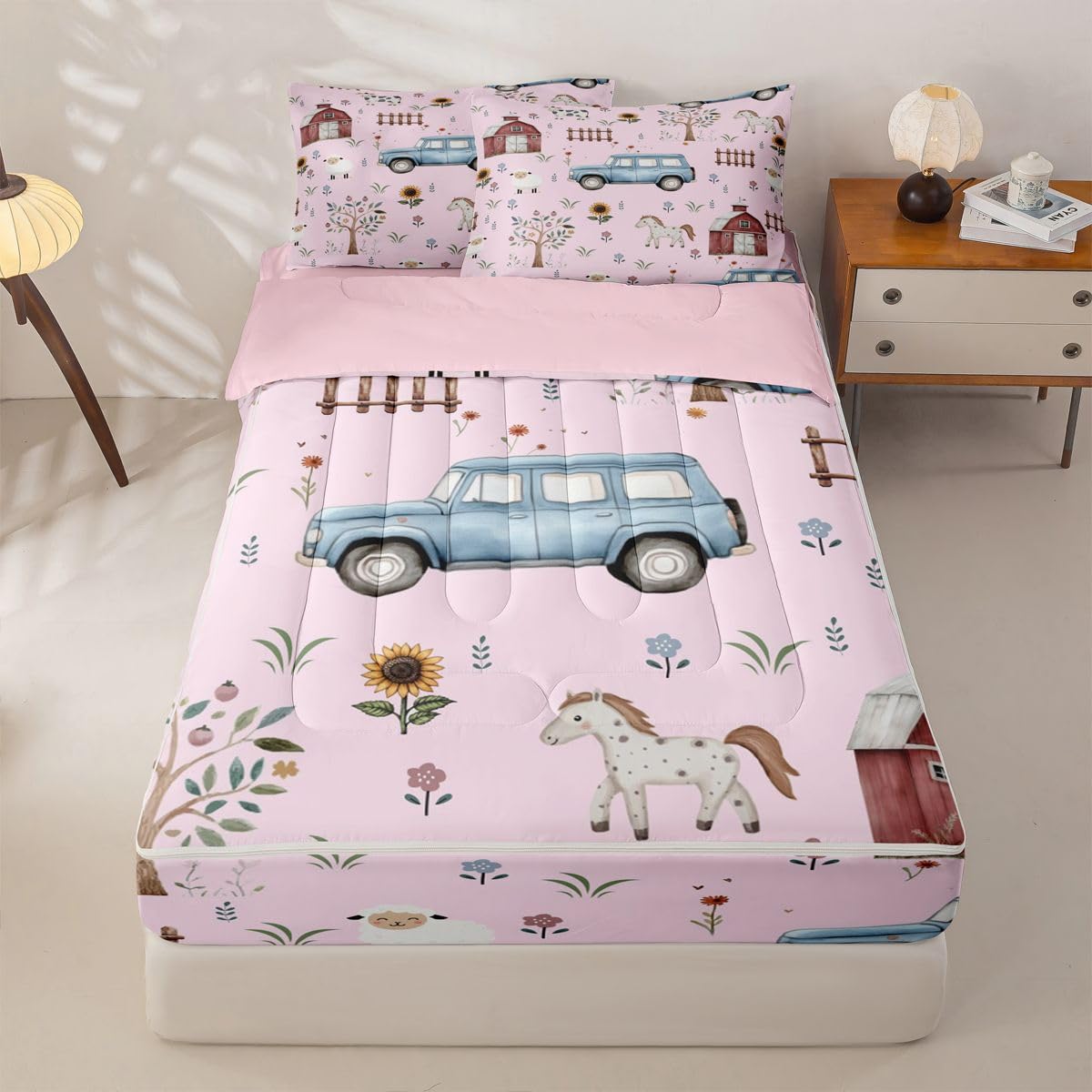 Erosebridal Farm Animal Kids Zipper Bedding Set Twin Cartoon Tractor Zip Up Comforter Set with Sheets Rustic Barn Door Bed in a Bag Farmhouse Horse Sheep Cow Cartoon Animals Sunflower Floral Bed Sets