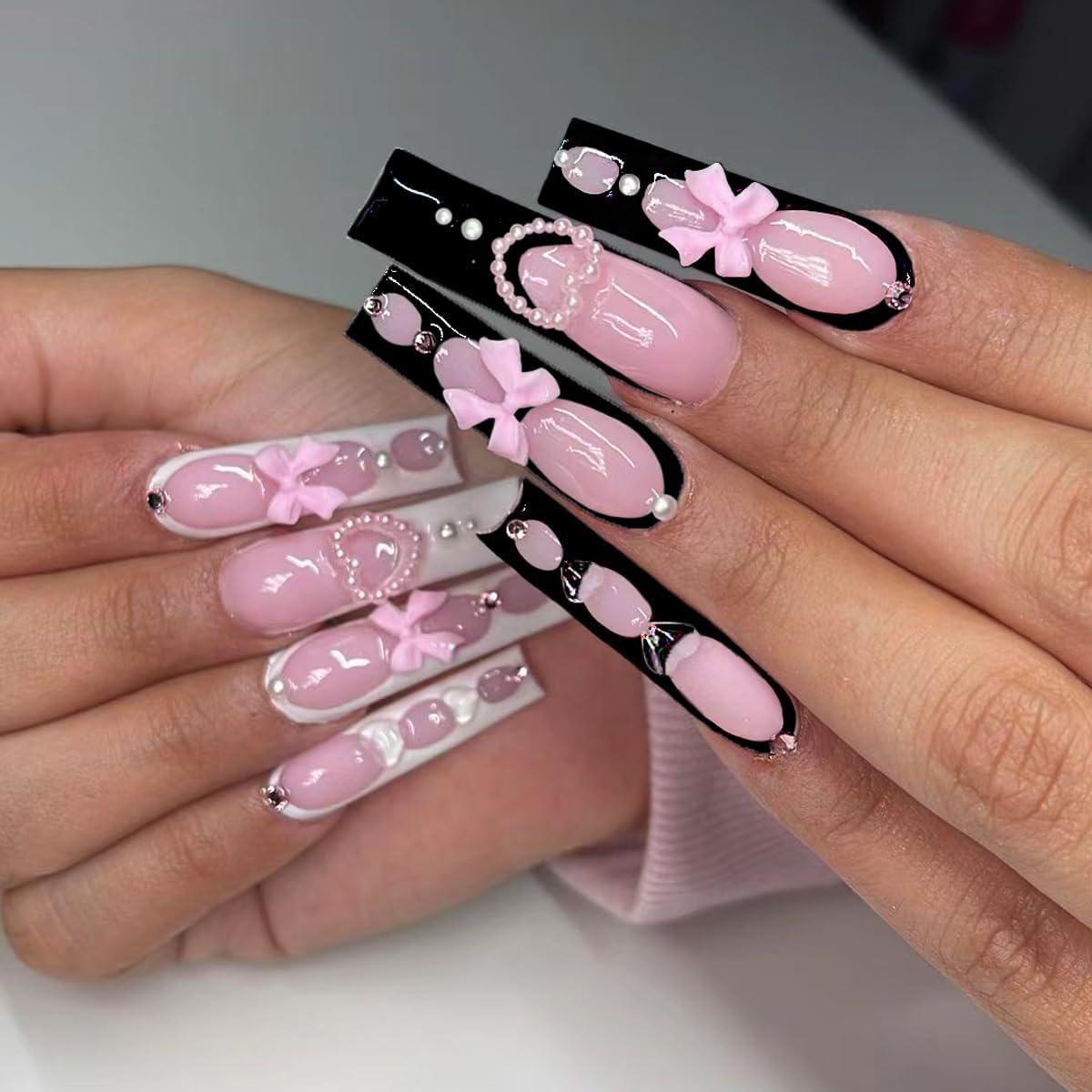 plalely Square Press on Nails Long Black and White Fake Nail Pink Bow with Heart Shape Water Drop Acrylic Nail Press ons Glossy Rhinestones Stick on Nail for Women 24pcs