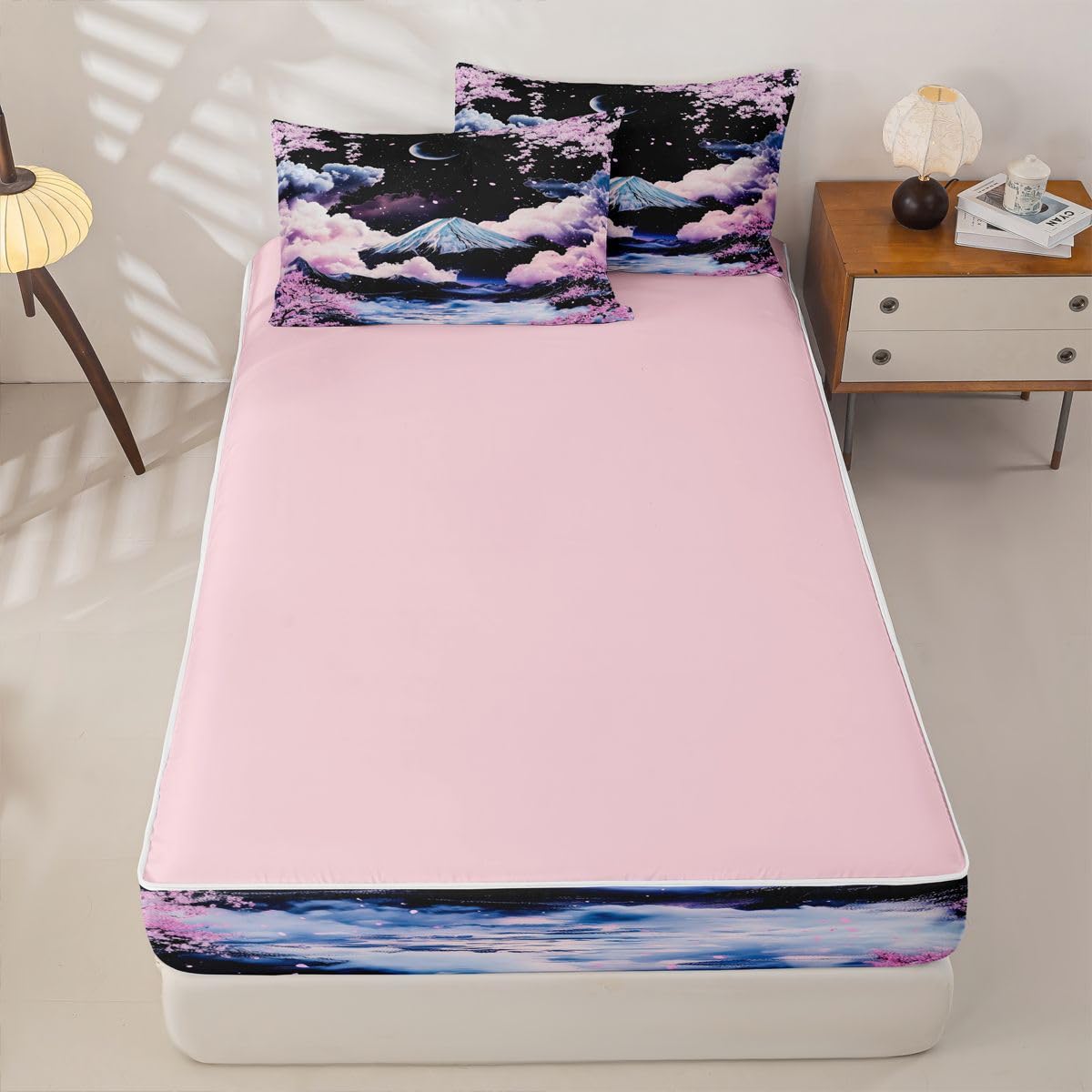 Erosebridal Japanese Cherry Blossom Zip Up Bedding Comforter Sets Twin Size, Japanese Style Comforter in One Zipper - Japan Mount Fuji Bedding Set with Pillowcases