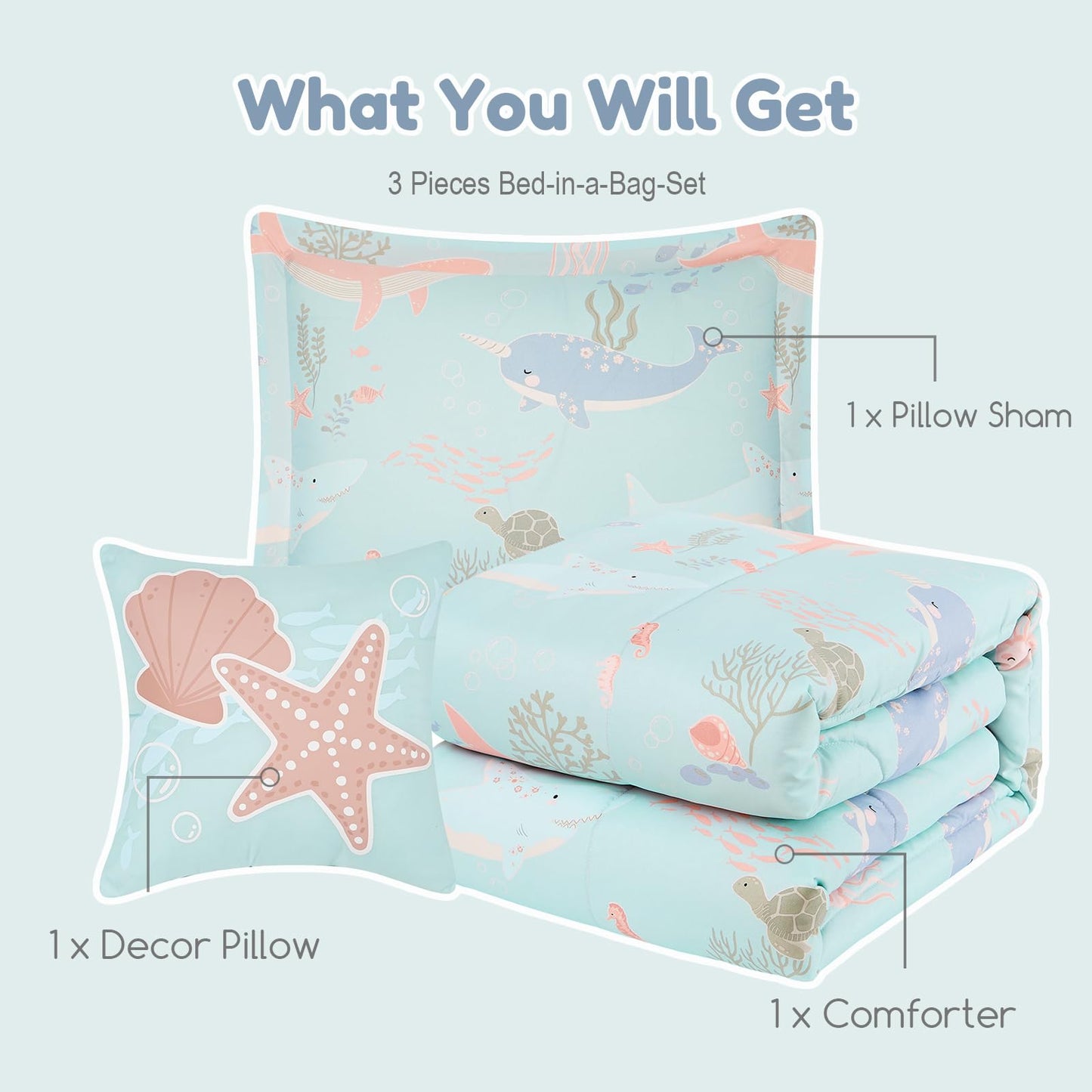 Wink Deer Twin Comforter Set for Girls-3 Pieces Ocean Animals Glow in the Dark Twin Bedding Sets for Kids,1 Comforter,1 Sham and 1 Decor Pillow