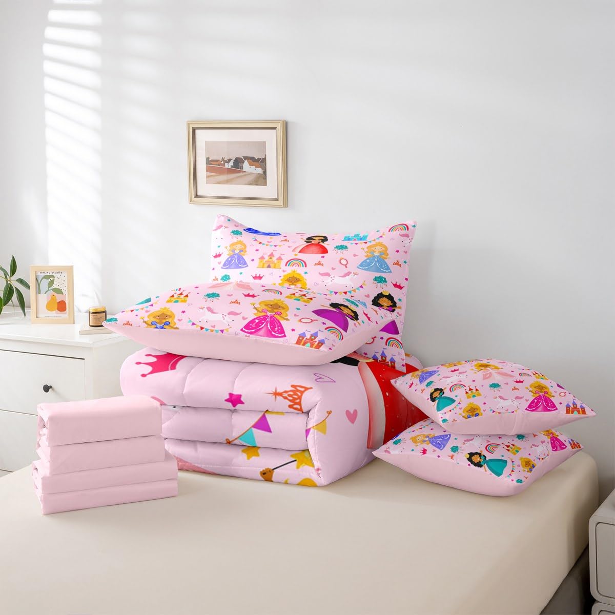 jejeloiu Cute Princess 7 Piece Bedding Set Queen Size Girly Loves Bed in a Bag for Boys Girls Bedroom Decor Pink Clound Rainbow Comforter Set with Sheets,Pillowcases & Cushion Cover Castle Soft