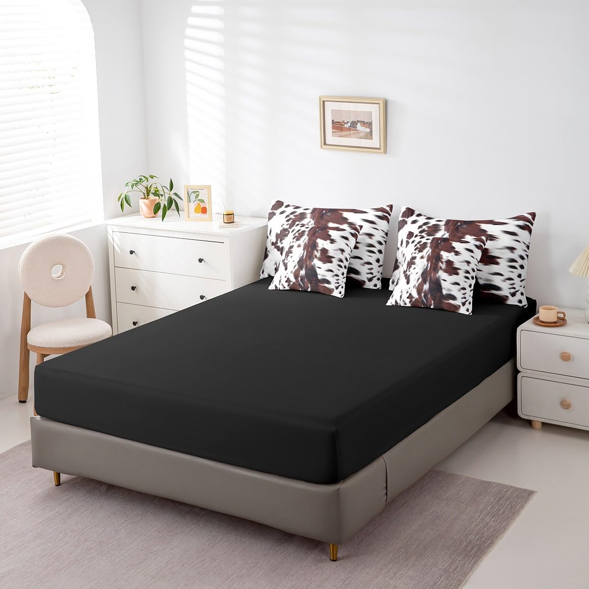 7 Piece Brown Cow Print Bed in a Bag Twin for Boys Girls Teens Western Rustic Farmhouse Theme Sheet Set Wild Animal Fur Print Bedding Set with Comforter, Black White Aztec Cow Print Cushion Covers