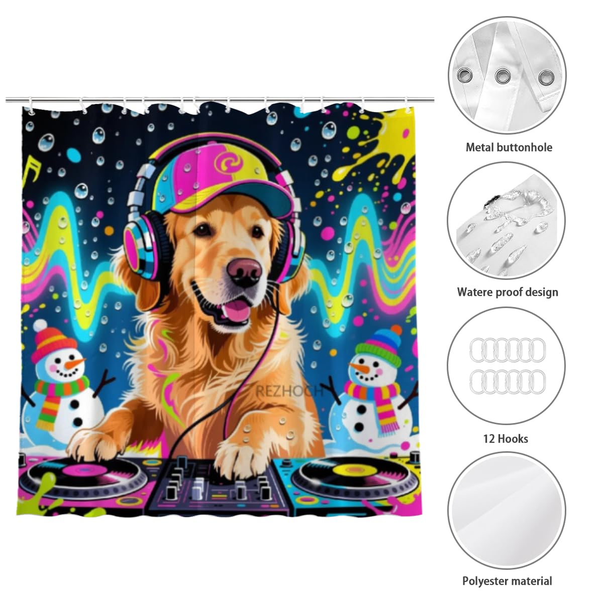 REZHOCH DJ Golden Retriever with Headphones Snowman Winter Shower Curtain Durable Waterproof Fabric Colorful Cartoon Fun Dog Vibrant Holiday Home Bathroom Decor 72x72Inch with Hooks