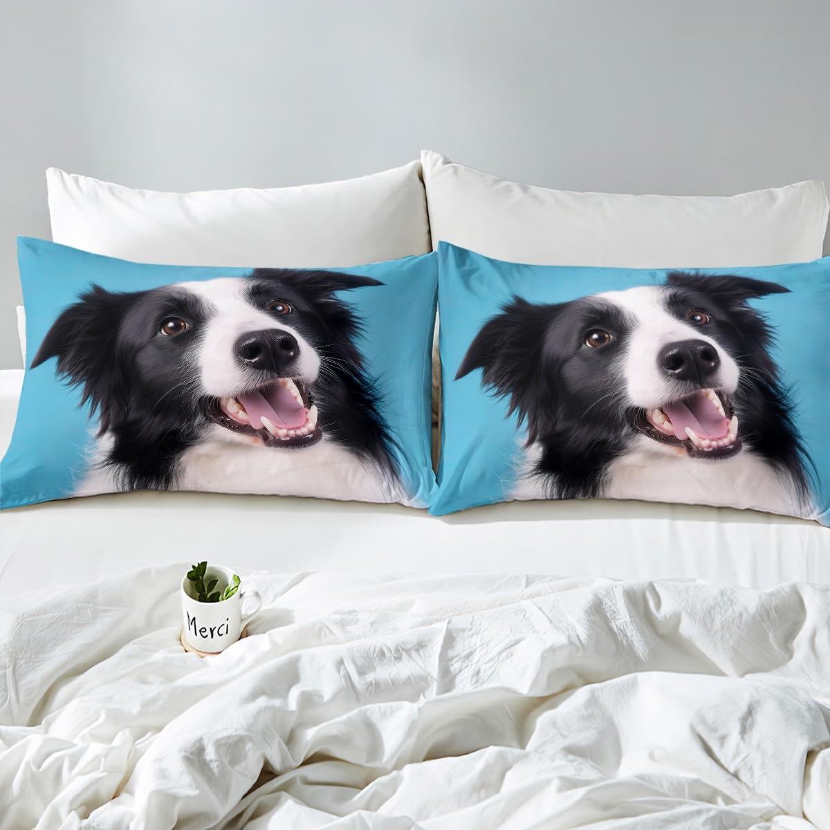 Feelyou 3D Dog Sheets Cute Border Collie Printed Bed Sheet Set Puppy Bedding Set for Kids Boys Girls Animal Theme Fitted Sheet Bedroom Collection 3Pcs Full Size