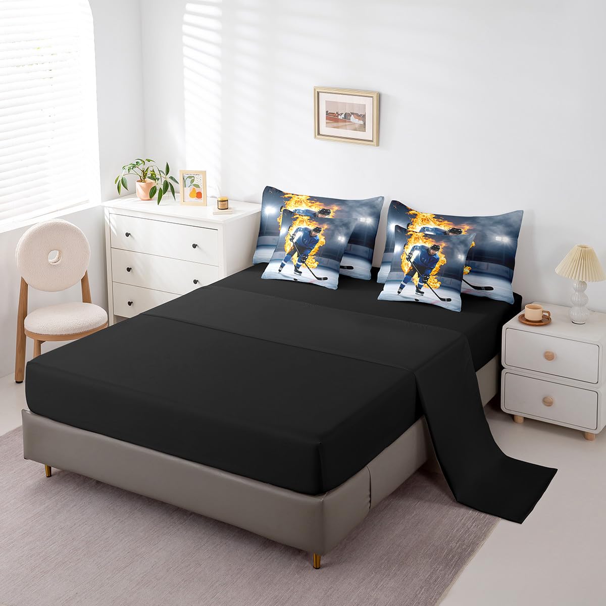 Erosebridal Teens Ice Hockey Bed in A Bag 7 Piece Puck Comforter Set Twin Size Sports Games Bedding Sets for Kids Teens Boys Girls Winter Match Grunge Sheet Set