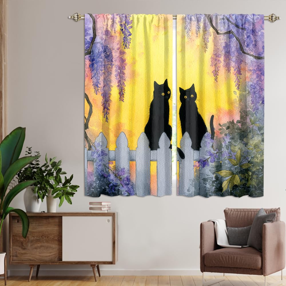 XSUPFLYM Cute Beautiful Black Cat Window Thermal Curtain for Living Room Colorful Modern Spring Garden Animal Black Cats Plant Lilac Floral Blackout Curtains for Bedroom 2 Panels Each 21" W x 45" L