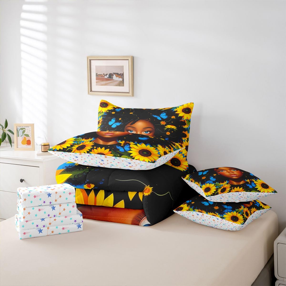 Erosebridal Cute Black Girls Queen Bedding Set Pretty Sunflower Comforter Set with Flat and Fitted Sheet Teen Kids Coquette Blue Butterfly 7-Piece Bed in a Bag Aesthetic Watercolor Floral Quilt Sets