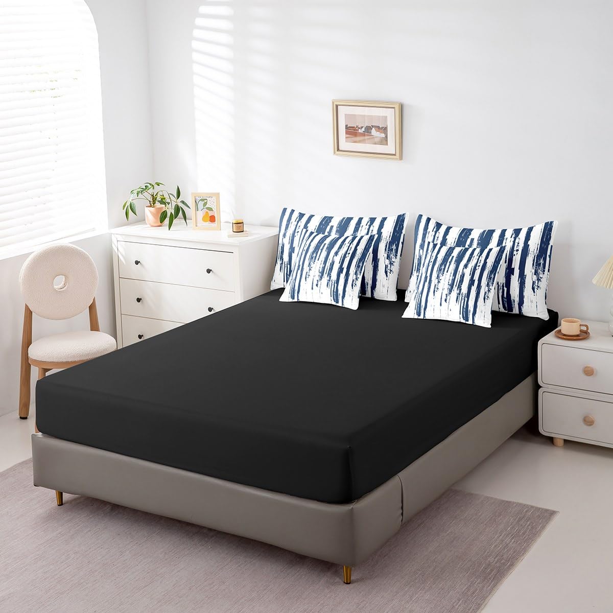 Erosebridal 7Pcs Navy Blue King Comforter Set,Teal Geometric Stripes Striped Abstract Bed in A Bag,Modern Art Aesthetic Quilt Set with Pillowcases,Watercolor Graffiti Ink Bedding with Bed Sheets