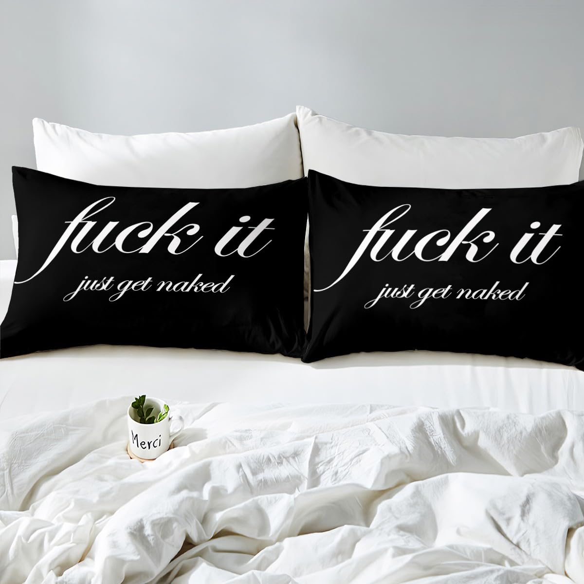 Funny Quotes Fitted Sheet & Pillow Sham Set Get Naked Bedding Set for Couple Lover Men Women Romantic Bed Sheet Set Black and White Creative Words Bed Cover No Flat Sheet Room Decor 3Pcs Full Size