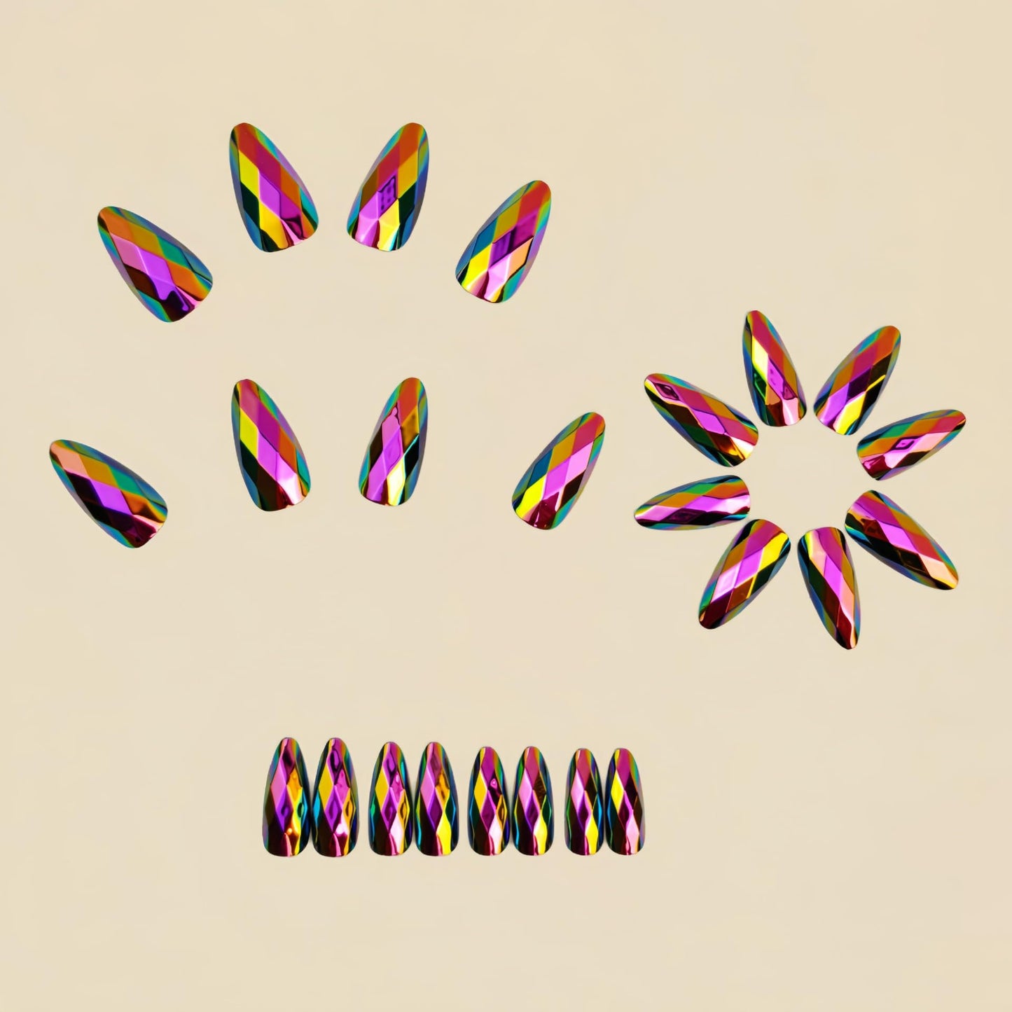RUOKEXIN Medium Length Press on Nails Almond Fake Nails Multicolor Chrome False Nails with 3D Rhombus Designs Chrome Nail Press ons Sparkly Artificial Nails for Women 24Pcs