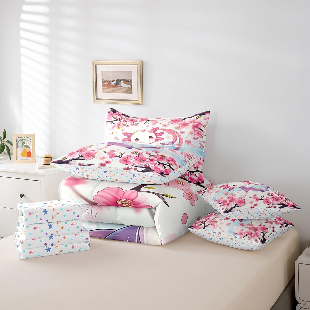 Feelyou Boys Girls Cute Axolotl 7 Pieces Bedding Sets Twin Size, Cartoon Salamander Bed in A Bag Ocean Sealife Comforter Set with Sheets Kids Kawaii Teens Bed Set Bedroom Decor