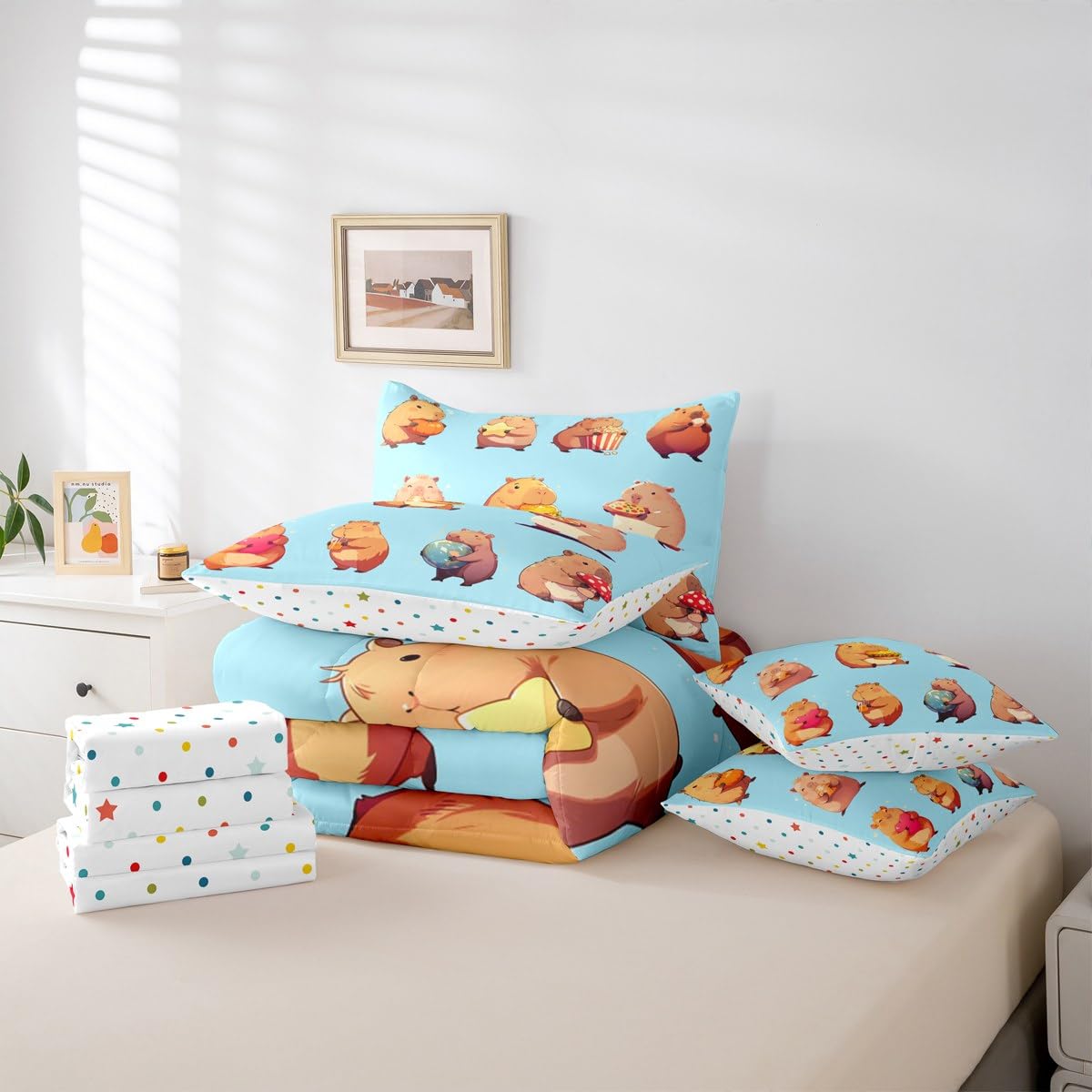 Erosebridal Funny Capybaras 7 Pieces Bedding Set Twin,Capybara Lover Bed in a Bag,Cartoon Rodents Bed Set Includes Comforter,Sheet Set,Pillowcases & Pillow Covers,Blue Khaki Capybara Bedroom Decor