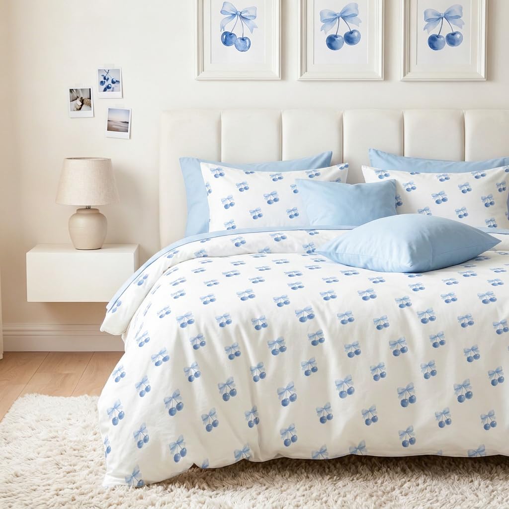 Sedefen Blue Cherry Duvet Cover Set, Light Blue Bow Bedding Set for Kids Boys Girls, Cute Cherry Soft Microfiber Reversible Duvet Cover for All Seasons
